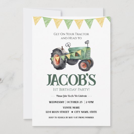 トラクターの1歳誕生日招待状 招待状 (正面)