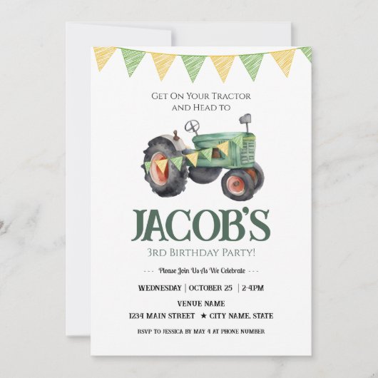 トラクターの3歳誕生日 招待状 (正面)