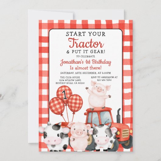 トラクターはじめました 1歳の誕生日 赤ちゃん farm animal 招待状 (正面)