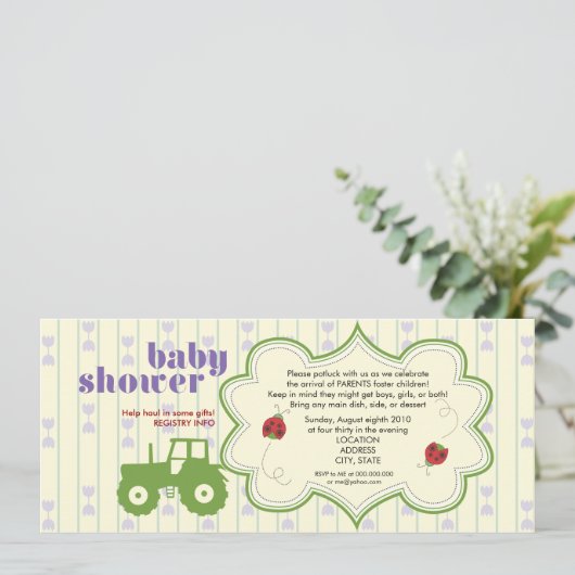 トラクターまたはてんとう虫のベビーシャワーの招待状 招待状 (スタンド正面)