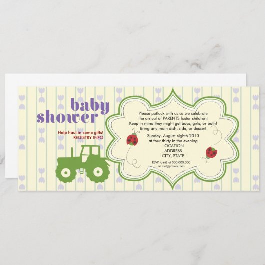 トラクターまたはてんとう虫のベビーシャワーの招待状 招待状 (正面/裏面)