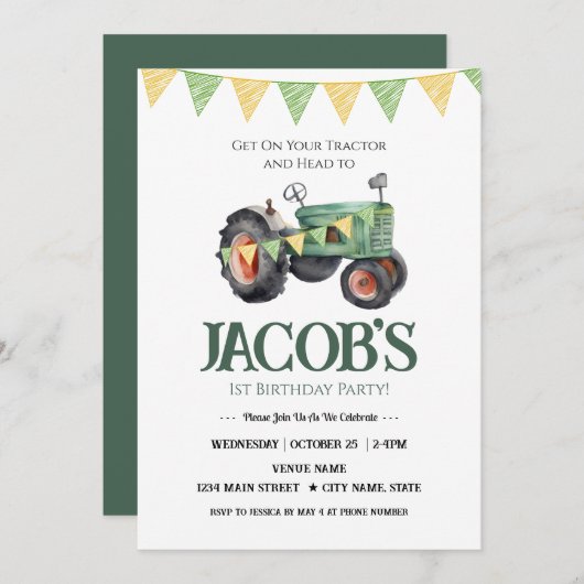 トラクターを取得1st誕生日招待状 招待状 (正面/裏面)