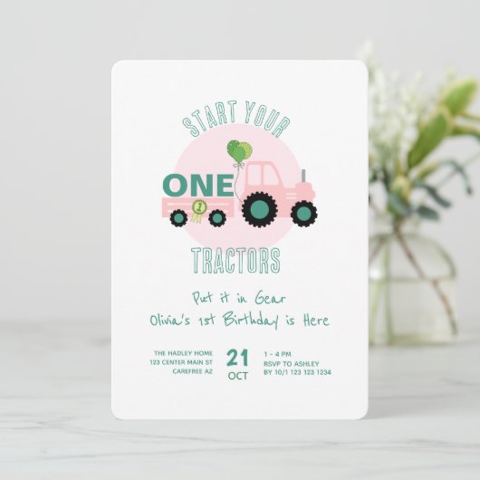 トラクターを始めるピンクの誕生日 招待状 (スタンド正面)
