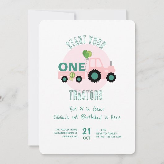 トラクターを始めるピンクの誕生日 招待状 (正面)