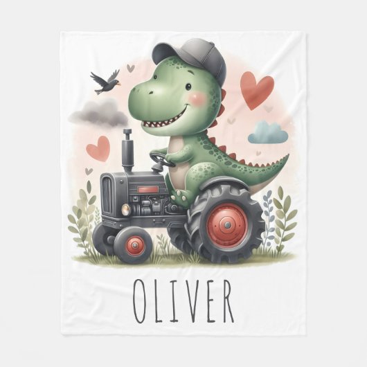 トラクターを運転するかわいいトレックス恐竜 フリースブランケット (正面)