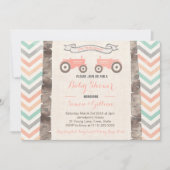 トラクターアクアコーラルグレーガールベビーシャワー 招待状 (正面)