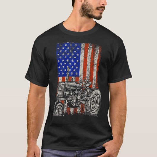 トラクターアメリカ合衆国国旗の愛国的農家第4戦 Tシャツ (正面)