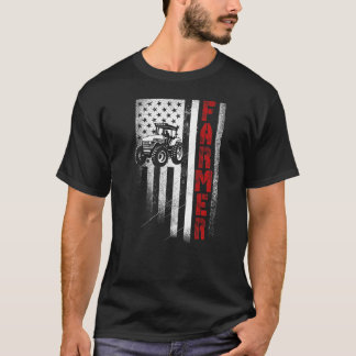 トラクターアメリカ国旗農業ヴィンテージ愛国的ファ Tシャツ