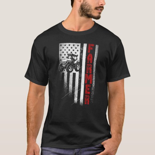 トラクターアメリカ国旗農業ヴィンテージ愛国的ファ Tシャツ (正面)