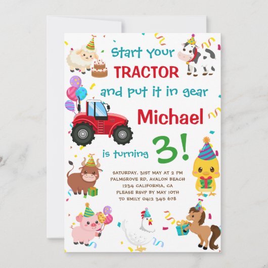 トラクターアンドファームアニマルズ誕生日 招待状 (正面)
