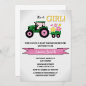 トラクターガールベビーシャワー招待状、ピンクトラクター  招待状 (正面/裏面)