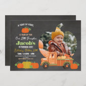 トラクターズカボチャ誕生日第1写真少年チョーク 招待状 (正面/裏面)