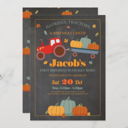 トラクターズカボチャ誕生日1stワン秋チョーク 招待状 (正面/裏面)