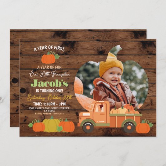 トラクターズカボチャ誕生日1st写真ボーイズ1 招待状 (正面/裏面)