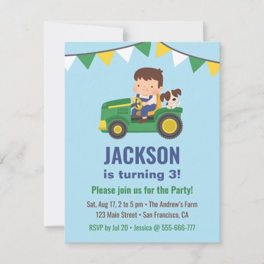 トラクターバースデーパーティーでかわいい男の子と犬 招待状 (正面)