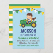 トラクターバースデーパーティーでかわいい男の子と犬 招待状 (正面/裏面)