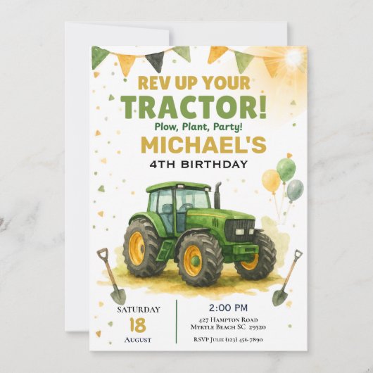トラクターバースデーパーティーの招待 招待状 (正面)