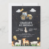 トラクターバースデーパーティーウォーターカラーファーム動物 招待状 (正面)