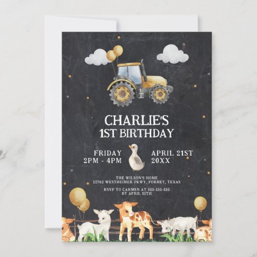 トラクターバースデーパーティーウォーターカラーファーム動物 招待状 (正面)