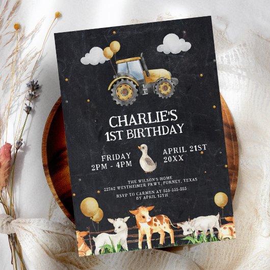 トラクターバースデーパーティーウォーターカラーファーム動物 招待状