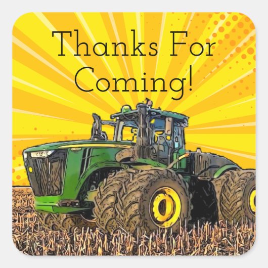 トラクターバースデーパーティー機器イエローおもしろい スクエアシール (正面)