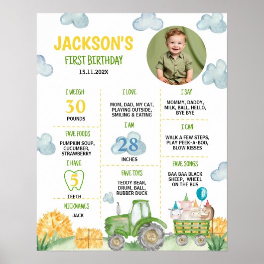 トラクターファーム動物の誕生日パーティマイルストーンサイン ポスター (正面)