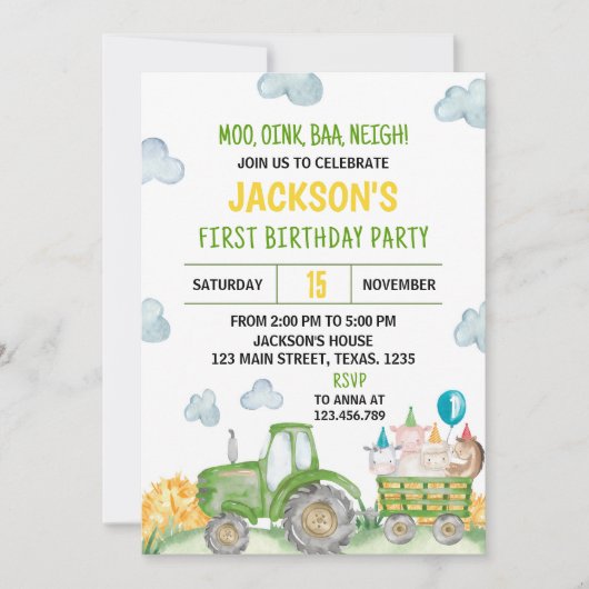 トラクターファーム動物の誕生日パーティーの招待 招待状 (正面)