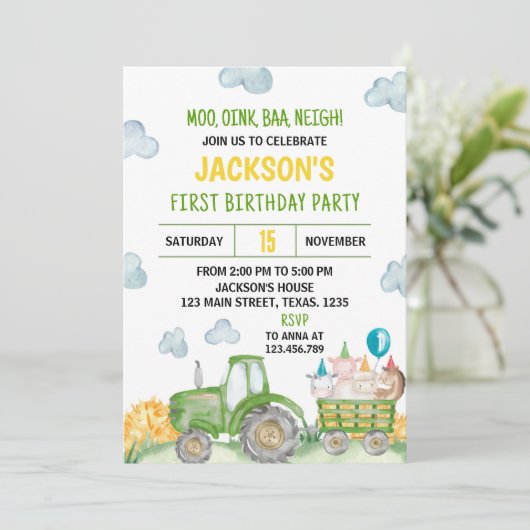 トラクターファーム動物の誕生日パーティーの招待 招待状 (スタンド正面)