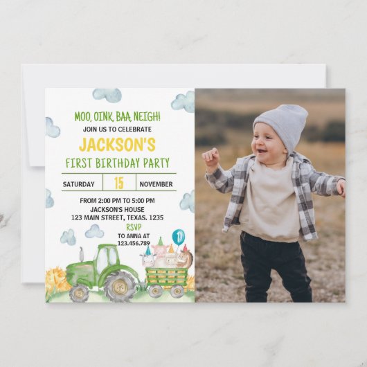トラクターファーム動物の誕生日パーティーの招待 招待状 (正面)