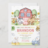 トラクターファーム動物オインクバモーア1歳の誕生日 招待状 (正面)