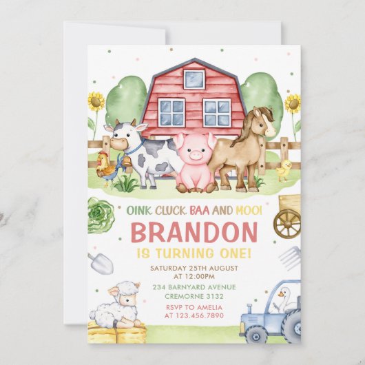 トラクターファーム動物オインクバモーア1歳の誕生日 招待状 (正面)