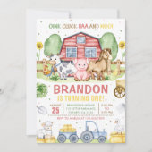 トラクターファーム動物オインクバモーア1歳の誕生日 招待状 (正面)