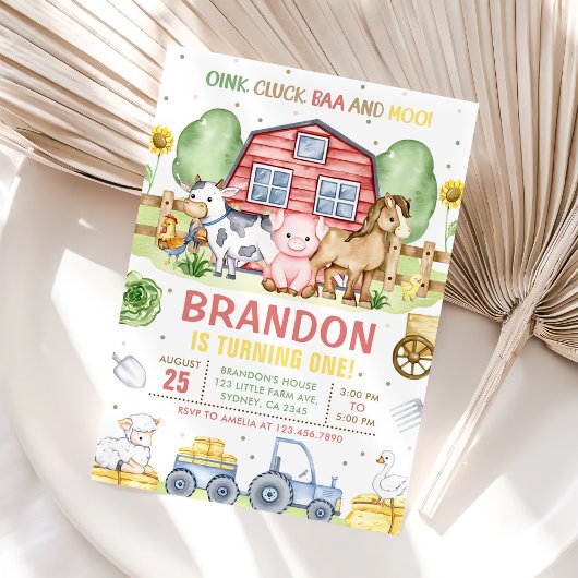 トラクターファーム動物オインクバモーア1歳の誕生日 招待状