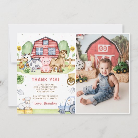 トラクターファーム動物1st誕生日の写真 サンキューカード (正面)