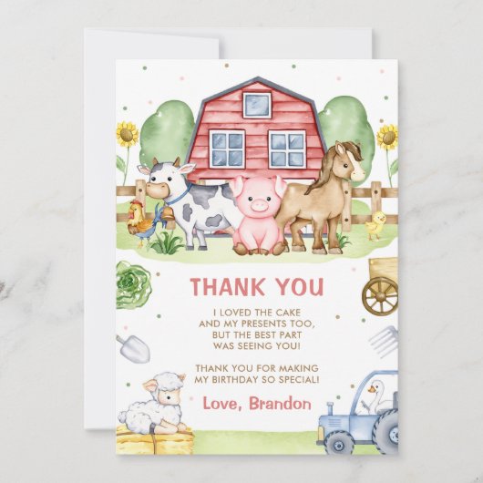 トラクターファーム動物1st誕生日 サンキューカード (正面)