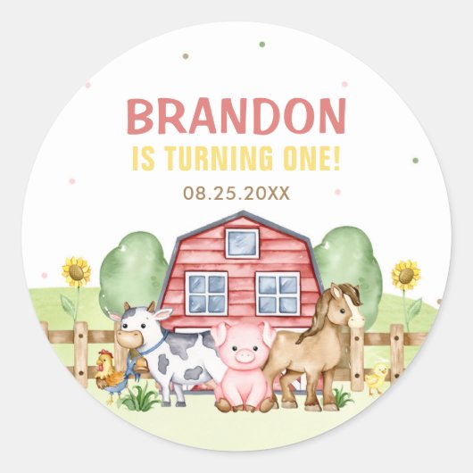 トラクターファーム動物1st誕生日 ラウンドシール (正面)