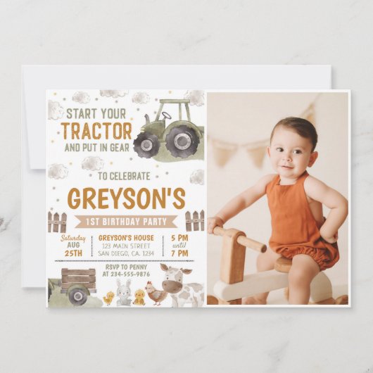 トラクターファーム誕生日パーティー動物バーンドフォト 招待状 (正面)