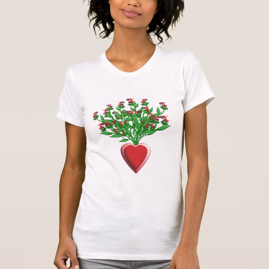 トラクターブーケと赤いハート花瓶 Tシャツ (正面)