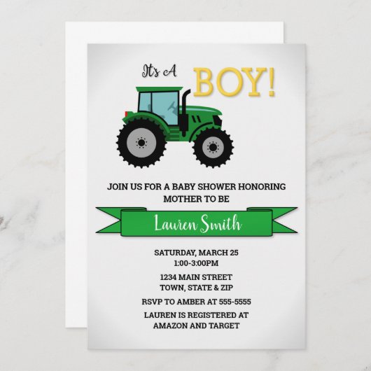 トラクターベビーシャワー招待状、トラクターボーイ 招待状 (正面/裏面)