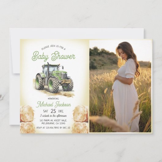 トラクター男の子の赤ちゃんシャワー写真 招待状 (正面)