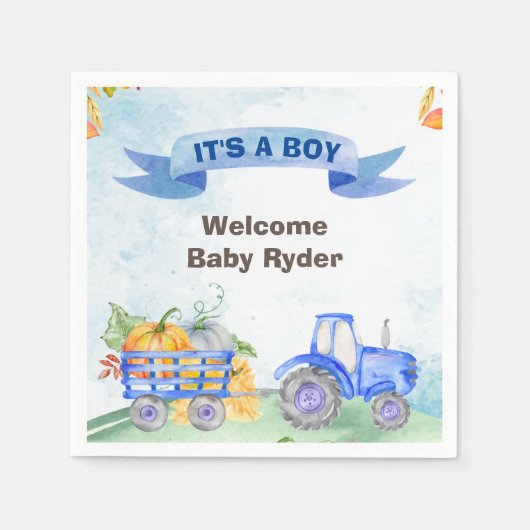 トラクター秋カボチャ水色ブルーナプキン スタンダードカクテルナプキン (正面)