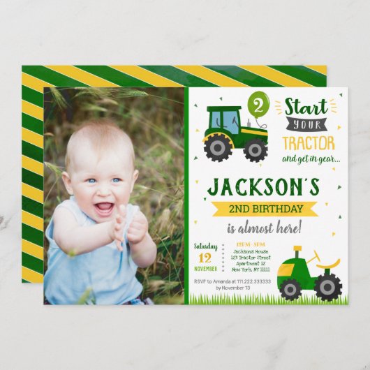 トラクター納屋周囲の庭の誕生日パーティーの招待 招待状 (正面/裏面)