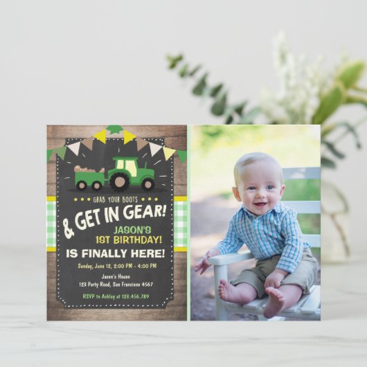 トラクター誕生日の招待ファームパーティーボーイグリーン 招待状 (スタンド正面)