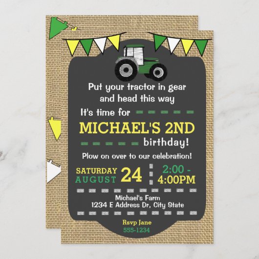 トラクター誕生日招待状グリーン&イエロートラクター 招待状 (正面/裏面)