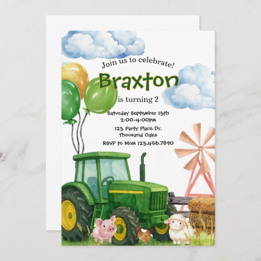 トラクター誕生日、グリーントラクターファーム誕生日 招待状 (正面/裏面)