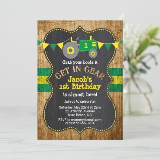 トラクター1stバースデーボーイパーティーグリーンイエロー 招待状 (スタンド正面)