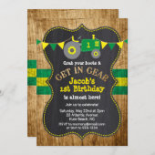 トラクター1stバースデーボーイパーティーグリーンイエロー 招待状 (正面/裏面)