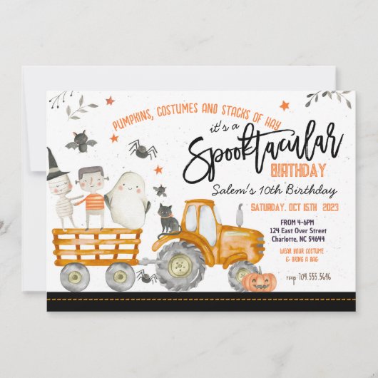 トラクター・ハロウィーン誕生日パーティーの招待状、 招待状 (正面)