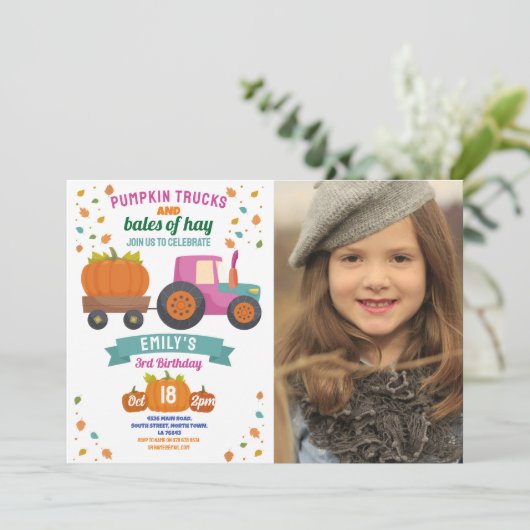 トラクター・パンプキンピンク誕生日パーティーガールズ写真 招待状 (スタンド正面)