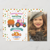 トラクター・パンプキンピンク誕生日パーティーガールズ写真 招待状 (正面/裏面)